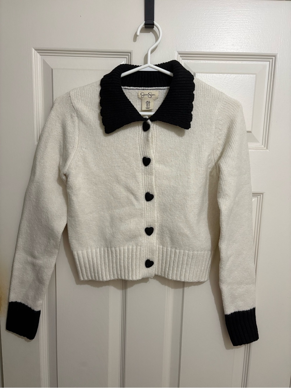 Jessica Simpson Cream Cardigan with Black Collar & Heart Buttons